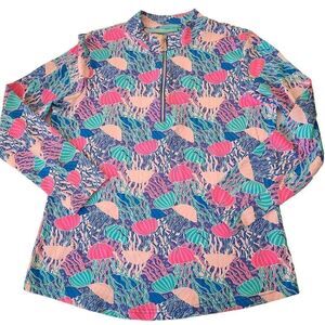 Anthonys Resort Wear Womens Quarter Zip Top Tropical Sea Life Blue Pink Small